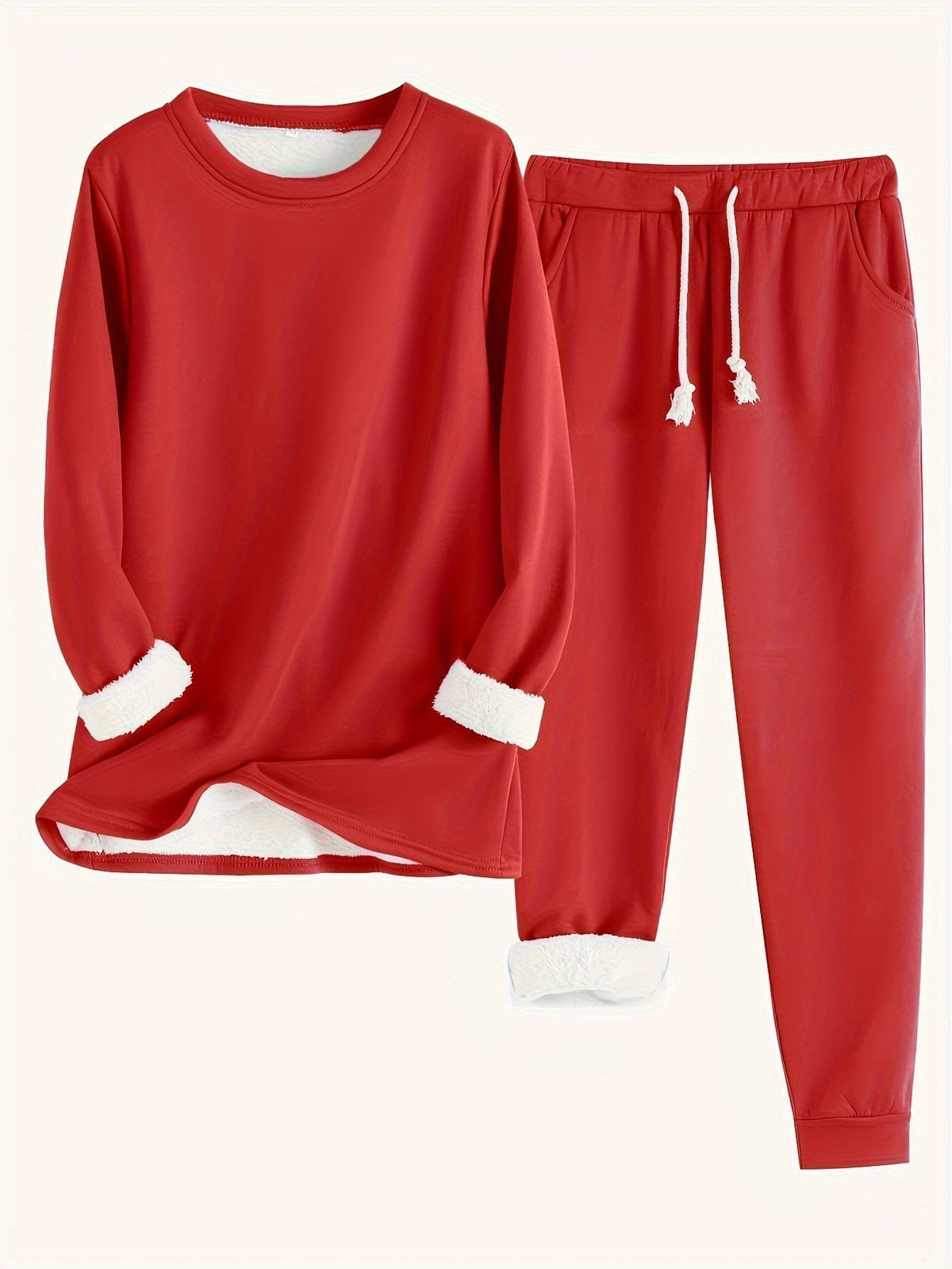 Flat lay of the set in bright red, showing white fleece lining and cream drawstring 9