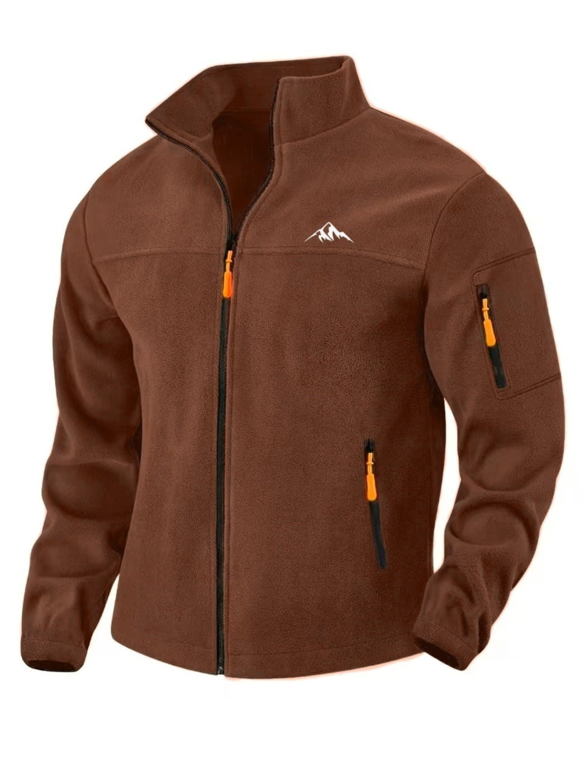 Front view of the brown fleece jacket with orange zip pulls, sleeve pocket and mountain emblem 1