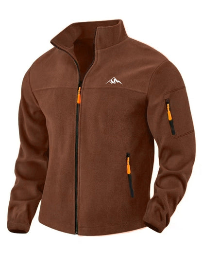 Front view of the brown fleece jacket with orange zip pulls, sleeve pocket and mountain emblem 1