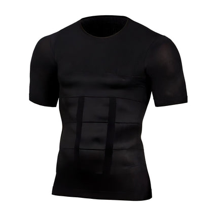 Black short-sleeved crew-neck compression top shown flat from the front, with panelled stretch bands across the stomach and a mesh-style neckline. 1