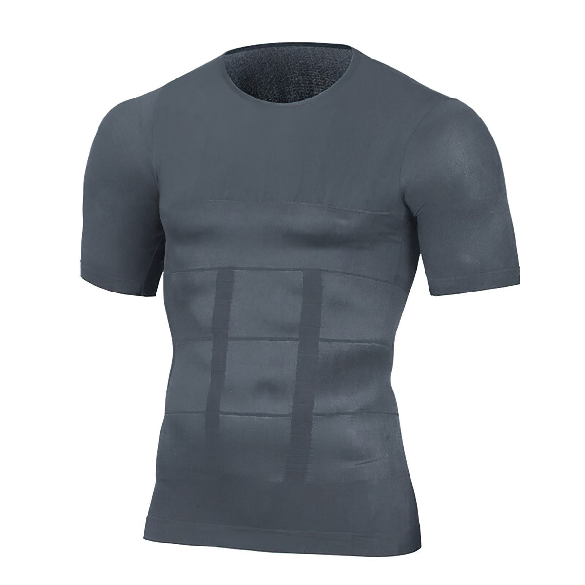 Grey version of the short-sleeved compression top shown flat from the front, with a round neckline and tall shaping bands across the stomach. 4
