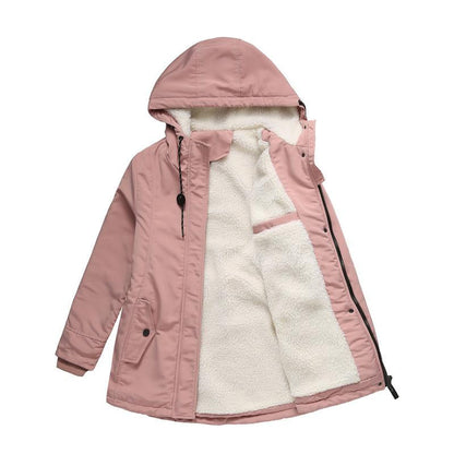 Pink parka laid flat and open, showing the cream fleece lining and ribbed cuffs 5
