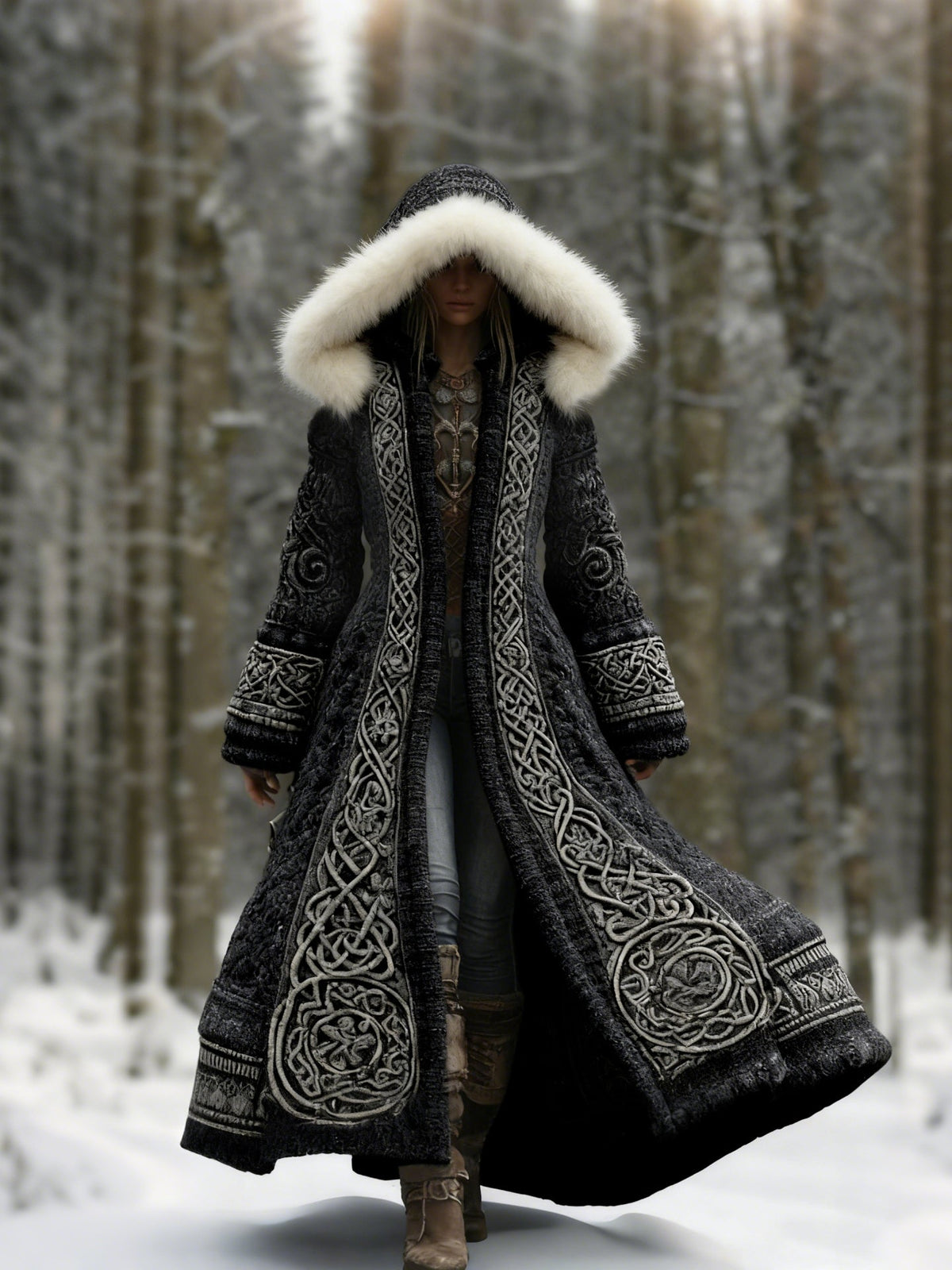 Model walking through a snowy forest in the black coat, with cream fur-trimmed hood and Celtic knot embroidery 1