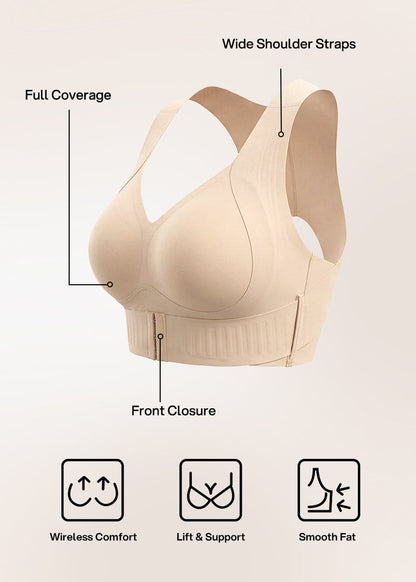 Beige bra shown alone with labels for the wide shoulder straps, full coverage cups and front closure 17