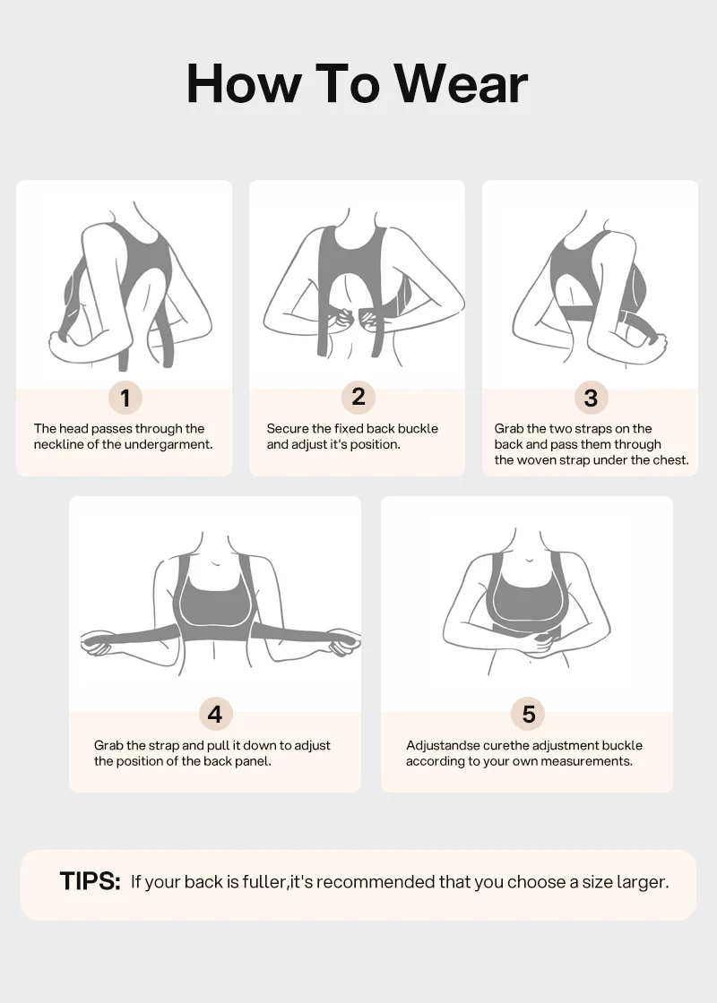 Illustrated five-step guide showing how to put on and adjust the bra, with a sizing tip 21