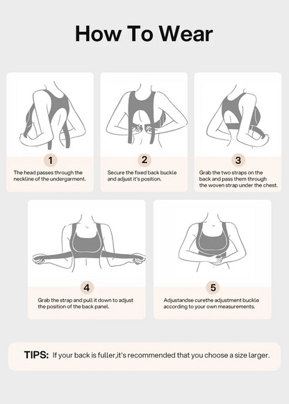 Illustrated five-step guide showing how to put on and adjust the bra, with a sizing tip 21