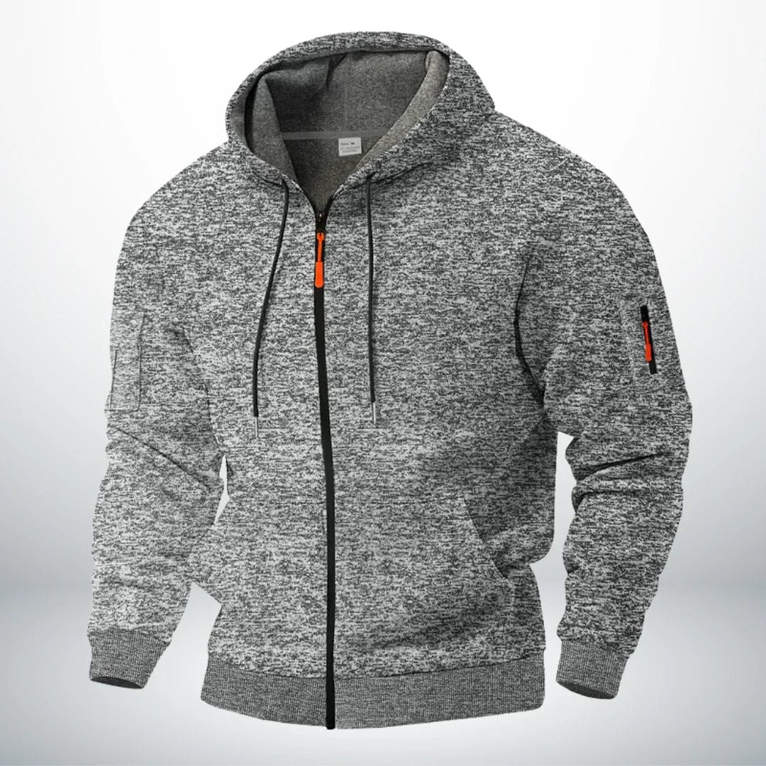 Front view of the hoodie in mottled light grey, with a soft grey lining inside the hood 3