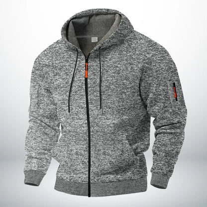 Front view of the hoodie in mottled light grey, with a soft grey lining inside the hood 3