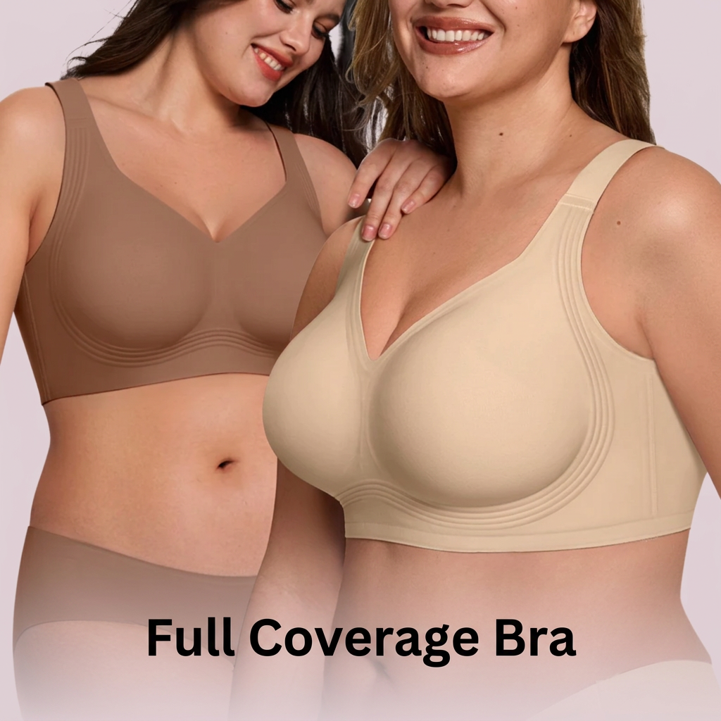 Two smiling models wearing full-coverage bras, one in brown and one in beige 7