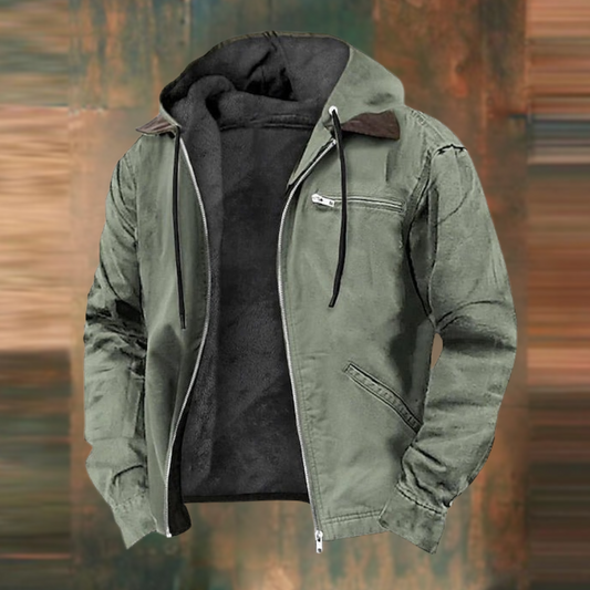 Same hooded jacket in muted olive green, unzipped to show the dark fleece lining 2