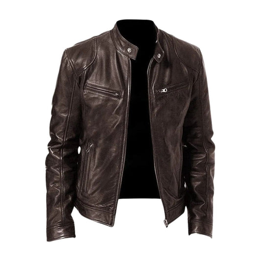 Dark brown version of the stand-collar jacket, unzipped, with snap-fastened collar tabs and zipped chest pockets 2