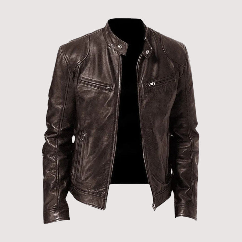 Front view of the dark brown leather jacket unzipped, with stand collar and zipped chest pockets 6