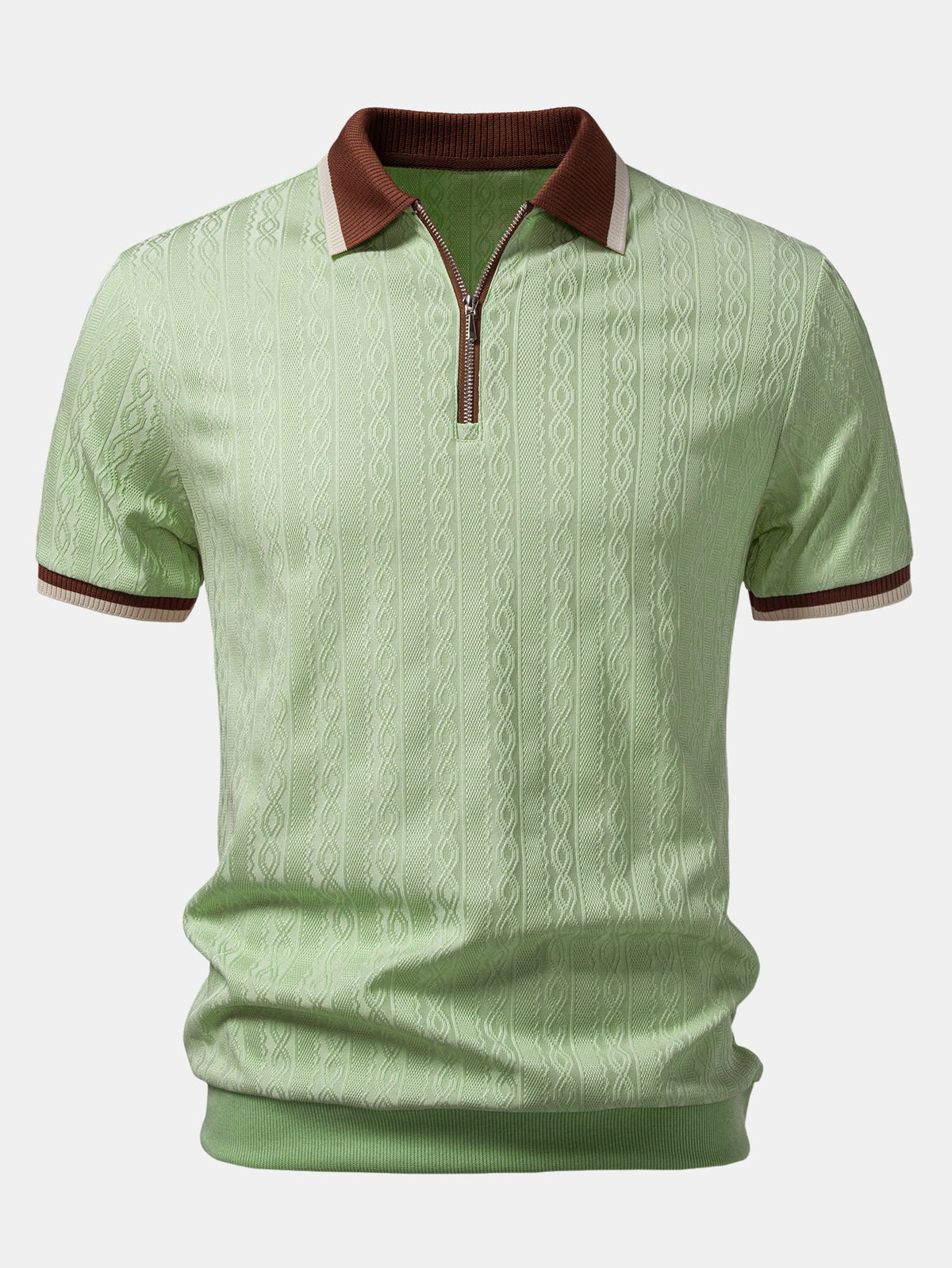 Front view of the light green version, with brown collar, zip placket and cream and brown striped cuffs. 7