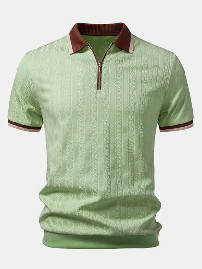 Front view of the light green version, with brown collar, zip placket and cream and brown striped cuffs. 7