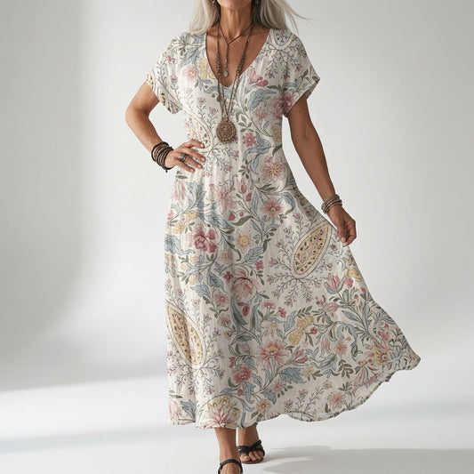 Model in a cream dress with a pink, blue and yellow botanical and paisley print, worn with layered pendant necklaces and black sandals. 1