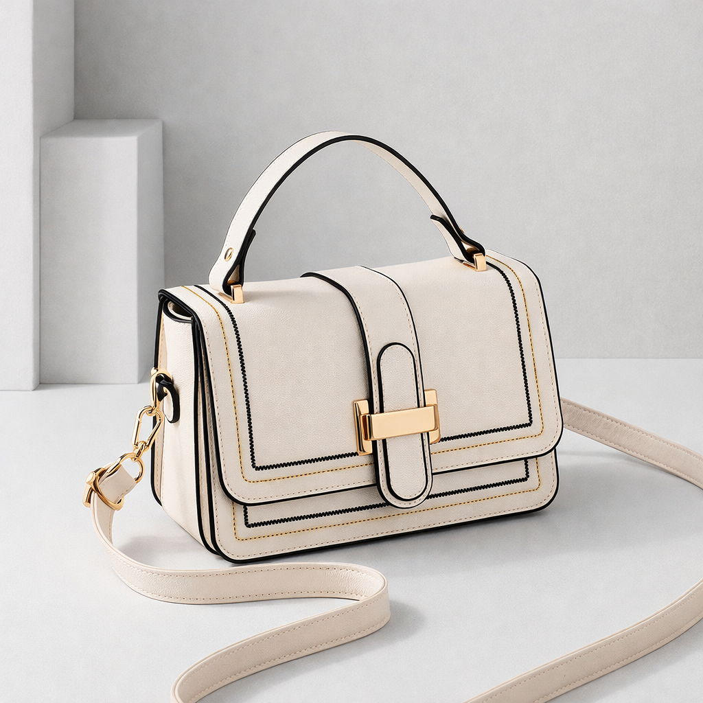 Cream bag with top handle, gold clasp and contrast stitching, shown at an angle with its long strap curled on a pale studio floor. 1