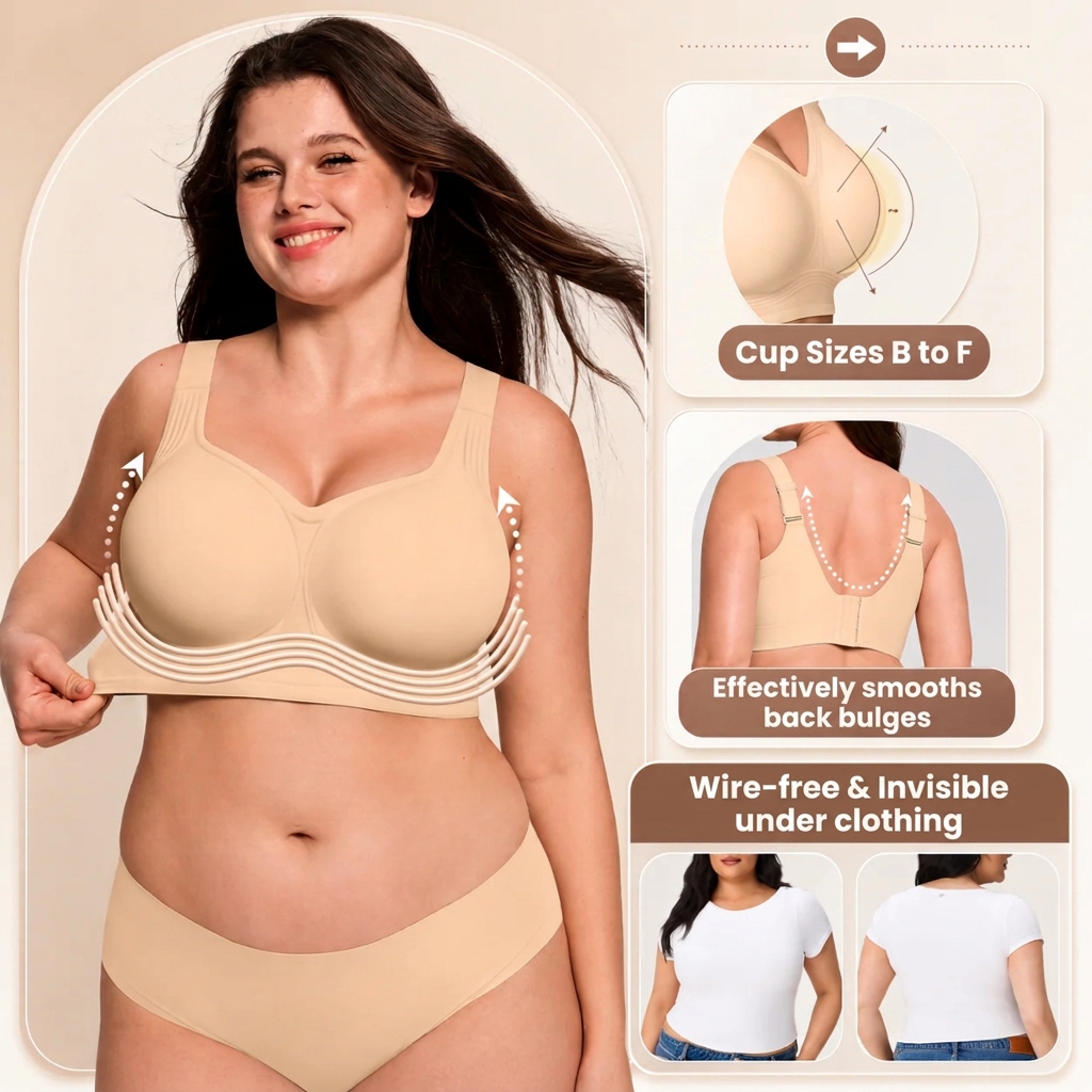 Model wearing the beige bra, with panels showing cup range, smooth back fit and invisibility under a white top 2