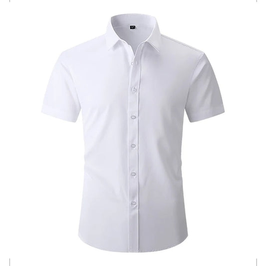 Front view of a white button-up shirt with a pointed collar and short sleeves 1