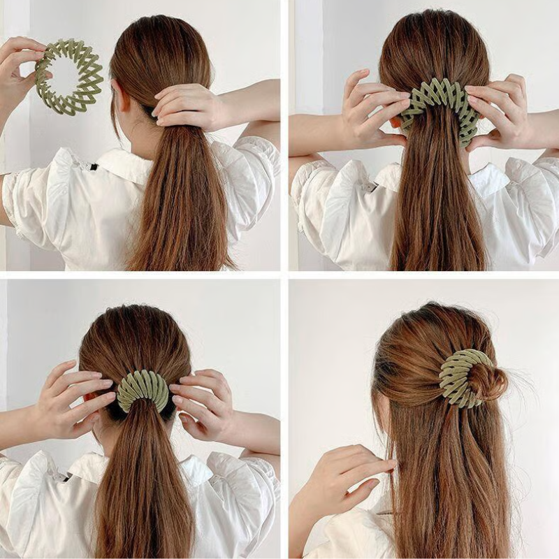 Four-step sequence from behind showing the clip opened out, placed over a ponytail, squeezed together, then worn as a half-up bun. 4