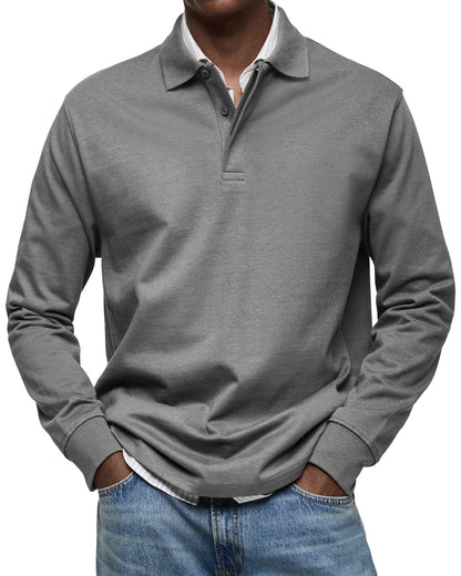 Mid grey version on a model, with ribbed cuffs and a short button placket 6
