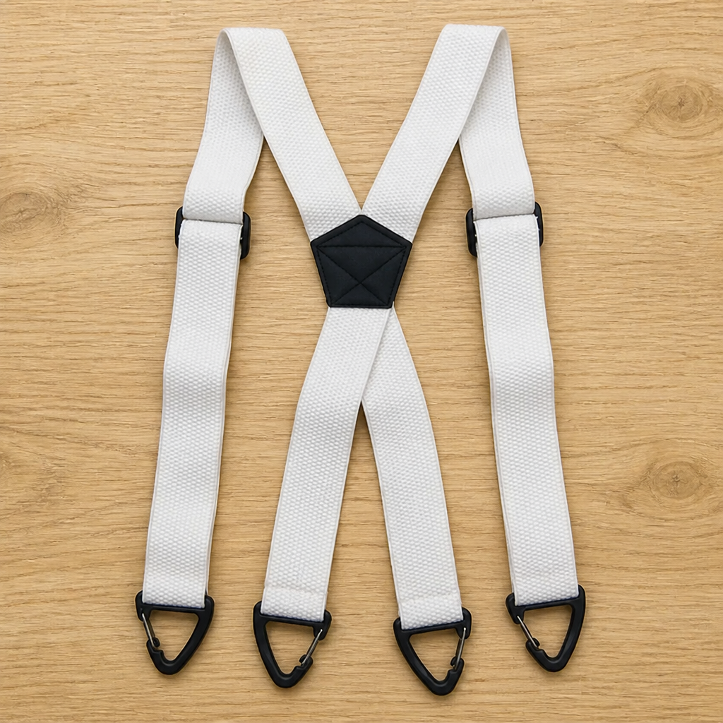 White X-back suspenders laid flat on a wooden surface, with a black centre patch and four black triangular clips. 10