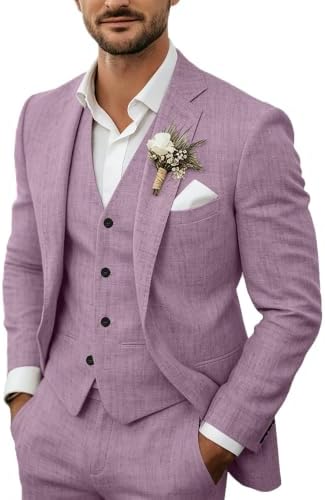 Same suit in soft lilac purple, worn by a model with white shirt, pocket square and floral buttonhole. 7