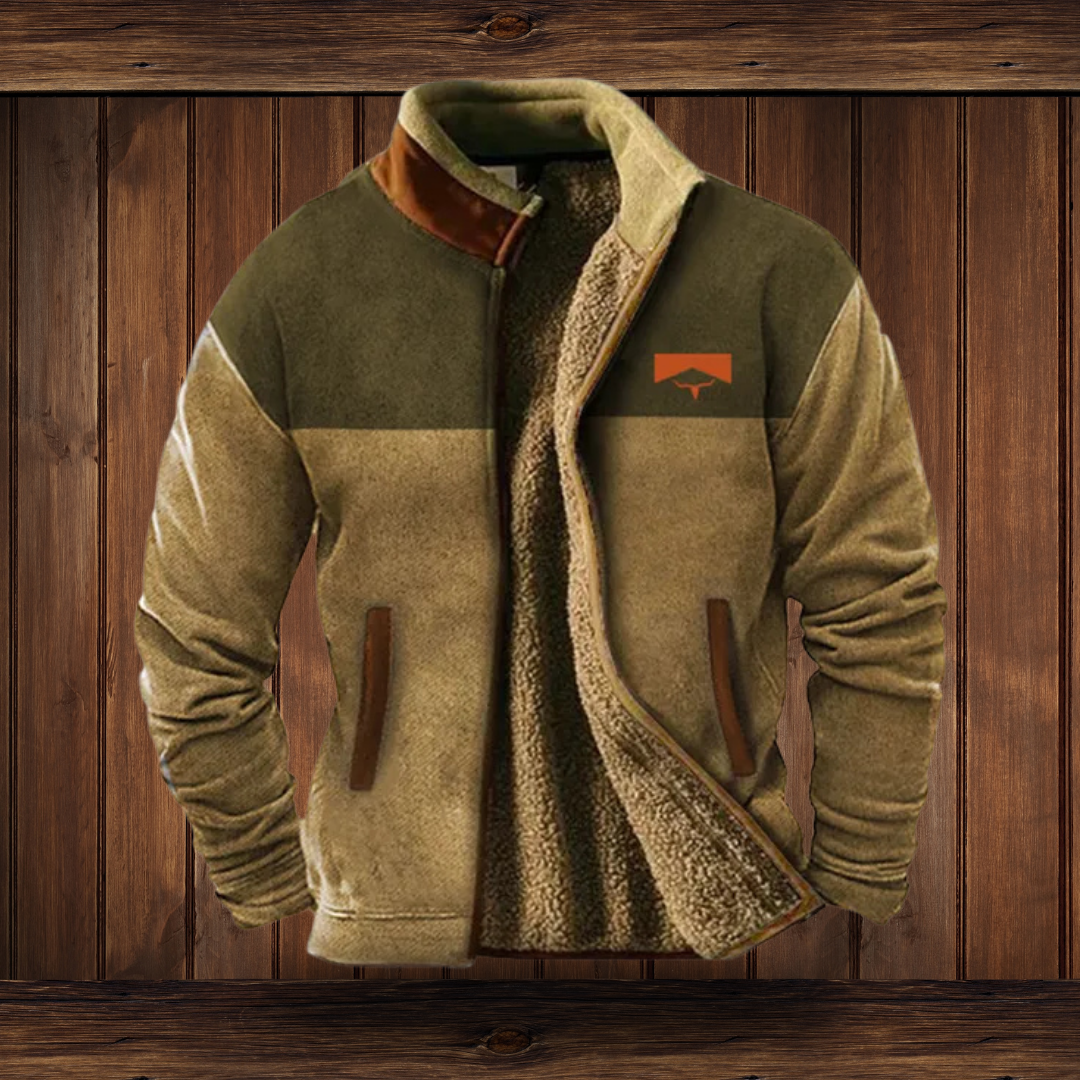 Colour-block fleece jacket with dark olive shoulders and sand-toned body and sleeves, open to show the fluffy lining and an orange chest patch. 7