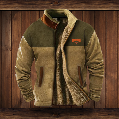 Colour-block fleece jacket with dark olive shoulders and sand-toned body and sleeves, open to show the fluffy lining and an orange chest patch. 7