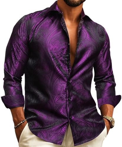 Model wearing the long-sleeve jacquard shirt in deep purple with a black paisley pattern, open at the collar, with cream trousers. 1
