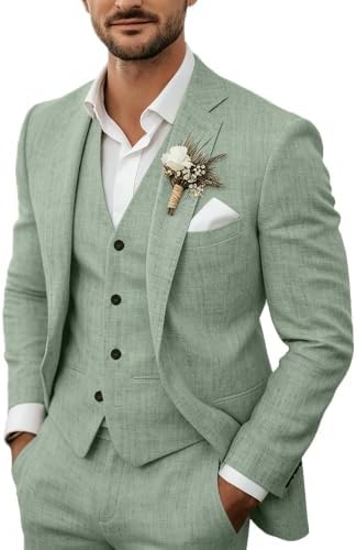 Same suit in soft sage green, worn by a model with white shirt, pocket square and floral buttonhole. 4