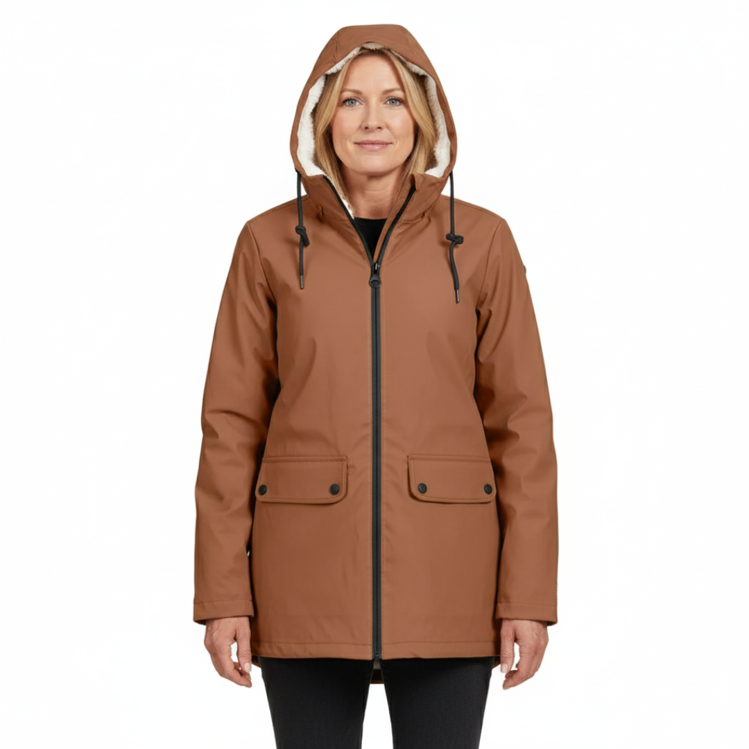 Woman facing the camera in the tan-brown hooded jacket with the hood up, showing the cream fleece lining and two flap pockets. 1