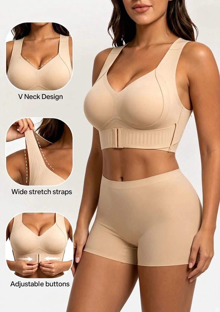 Beige bra on a model with inset close-ups of the V neckline, wide stretch straps and front fastening 6