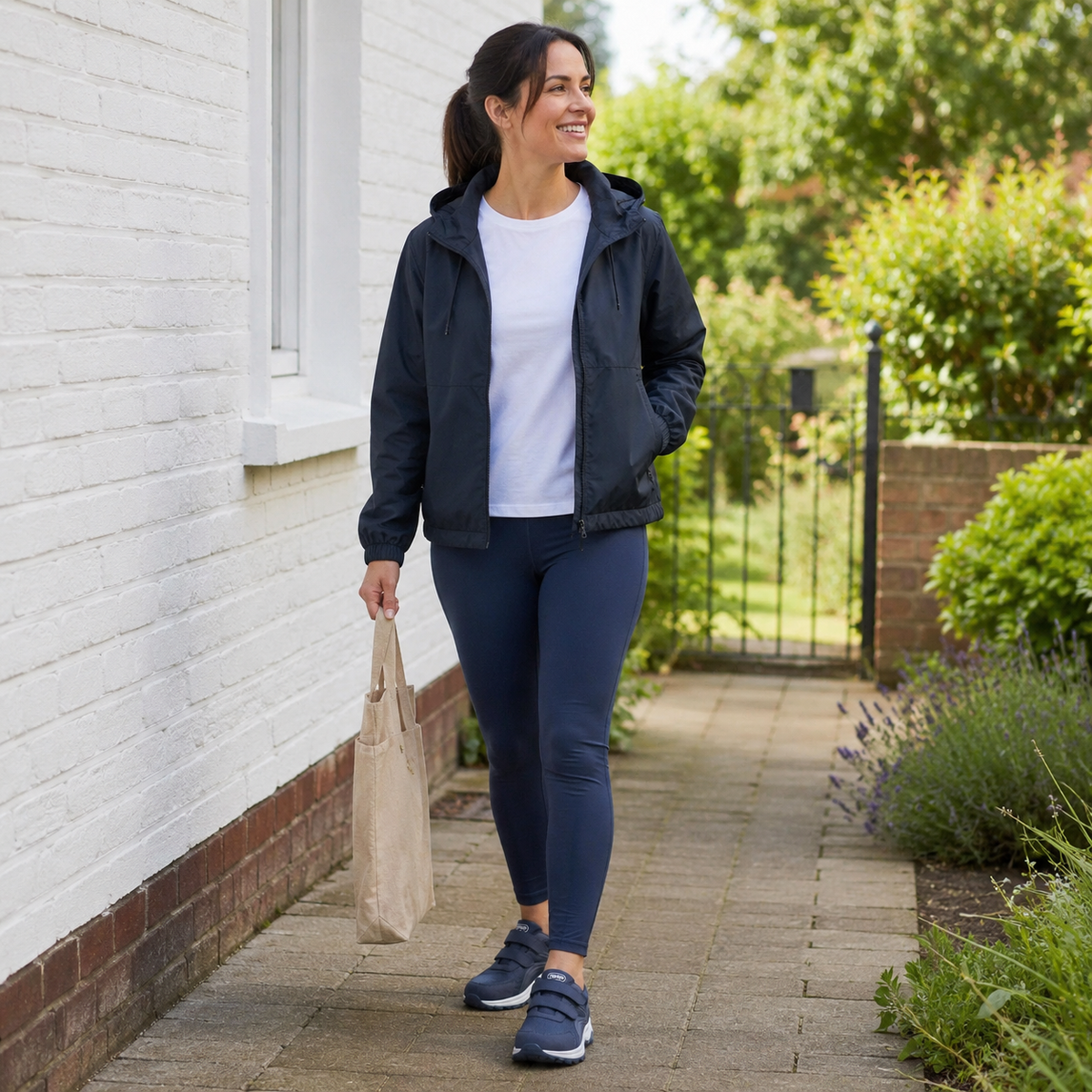 Smiling woman in a dark jacket and leggings carrying a tote bag, wearing navy strap shoes 17