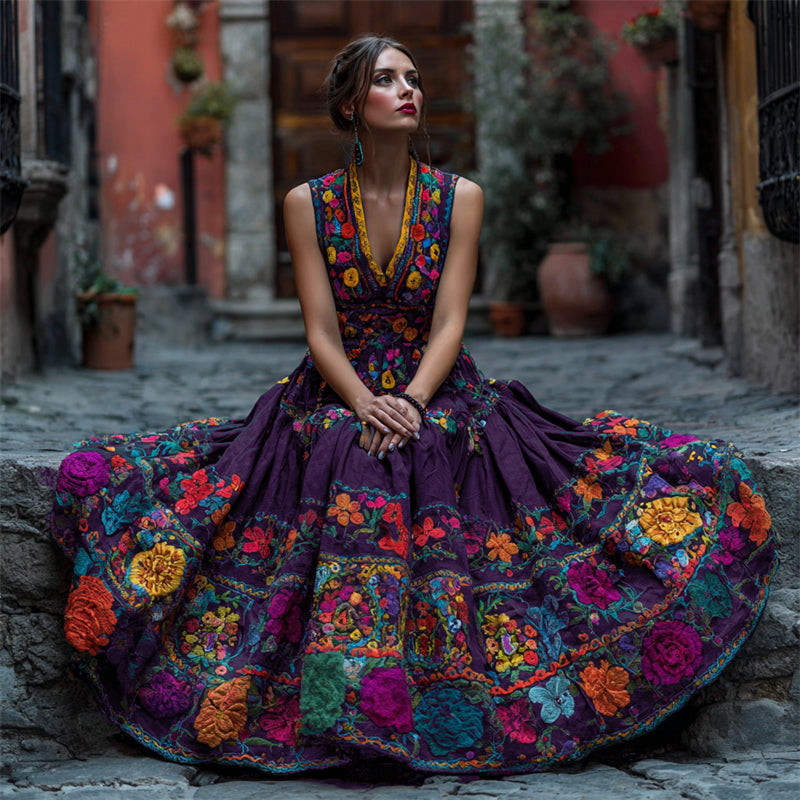 Model seated on a stone step wearing the dress in dark purple, showing colourful floral embroidery on the bodice and flowing skirt. 3