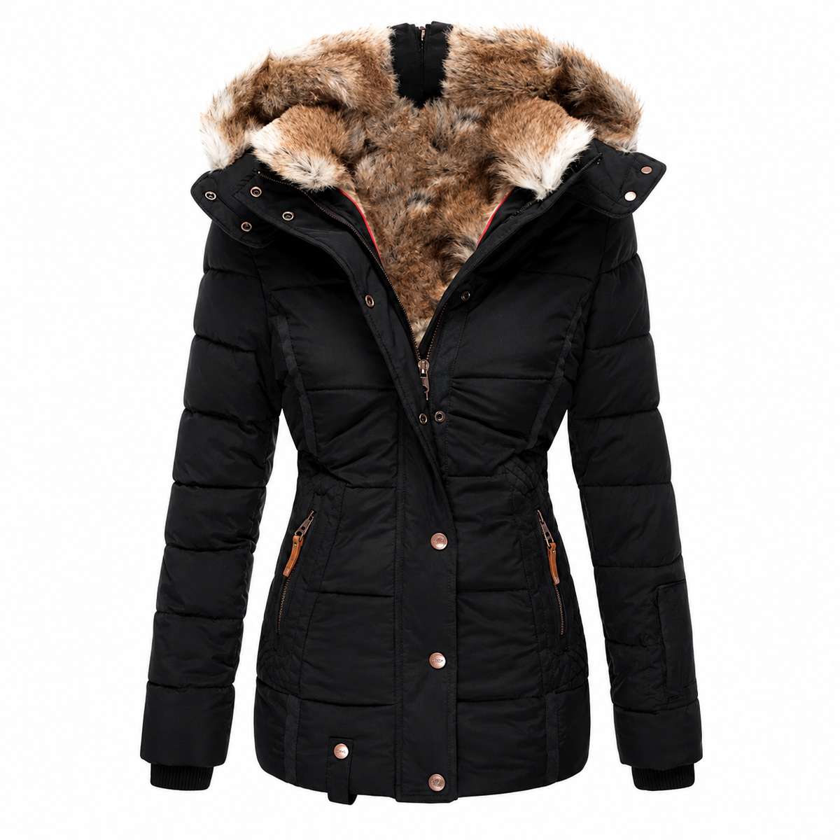 Black fitted quilted parka with fur-lined hood, front view on a plain white background 5