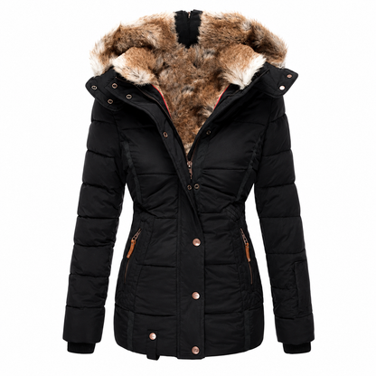 Black fitted quilted parka with fur-lined hood, front view on a plain white background 5