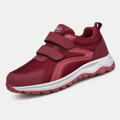 Single burgundy strap shoe with white midsole, shown from the front three-quarter angle on white 7