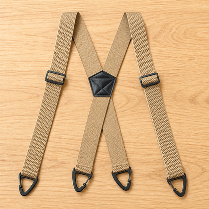 Beige X-back suspenders laid flat on a wooden surface, with black adjusters, a stitched black centre patch and four black clips. 16