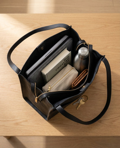 Black tote seen from above on a wooden table, open to show a laptop, book, pouch, water bottle, wallet and keys inside. 4