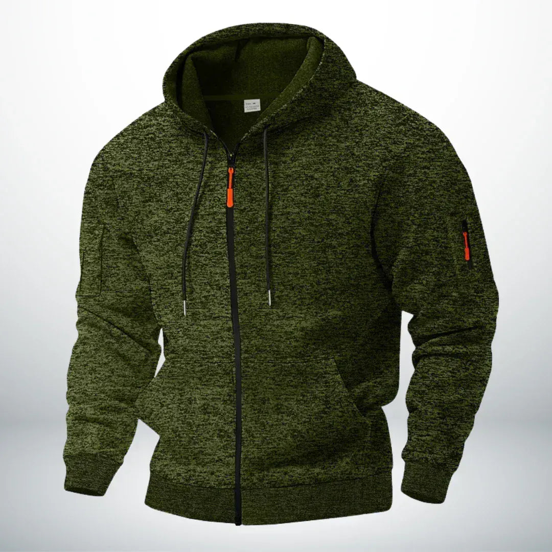 Front view of the hoodie in mottled olive green, with orange zip pulls and ribbed cuffs 4