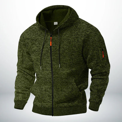 Front view of the hoodie in mottled olive green, with orange zip pulls and ribbed cuffs 4