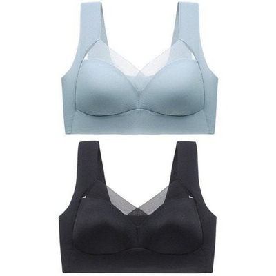 Two seamless wide-strap bras stacked, one pale blue above one black, with sheer mesh neckline panels 21