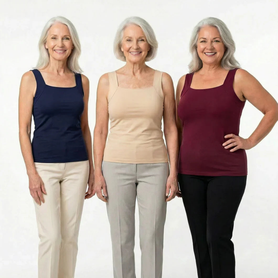 Three smiling women with grey hair stand together wearing square-neck sleeveless tops in navy, beige and burgundy with trousers. 10