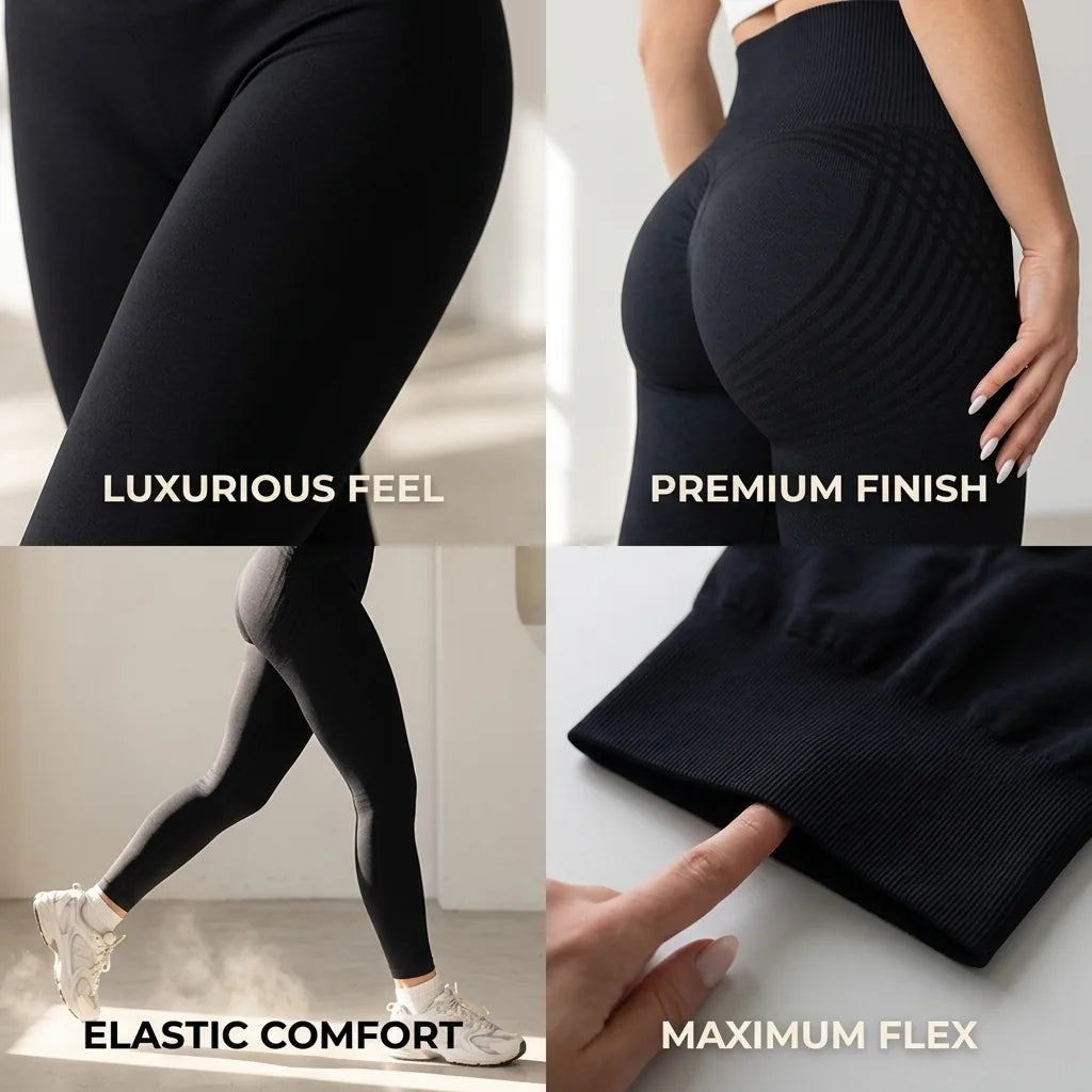 Four-panel collage of black leggings showing the smooth fabric, patterned seat, a stride in motion and a stretched waistband. 7