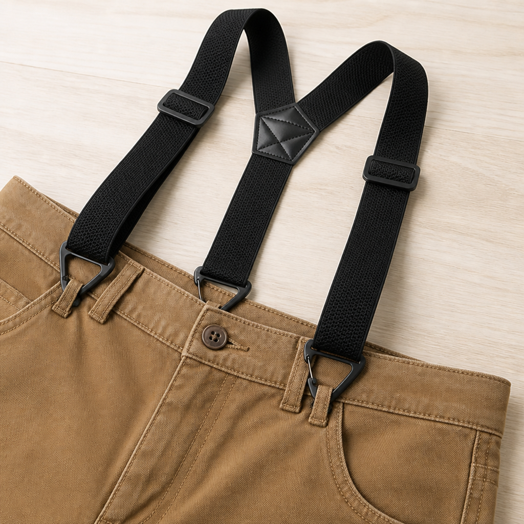 Flat lay of black Y-back suspenders attached to the waistband of khaki trousers, showing the triangular clips and adjusters. 4