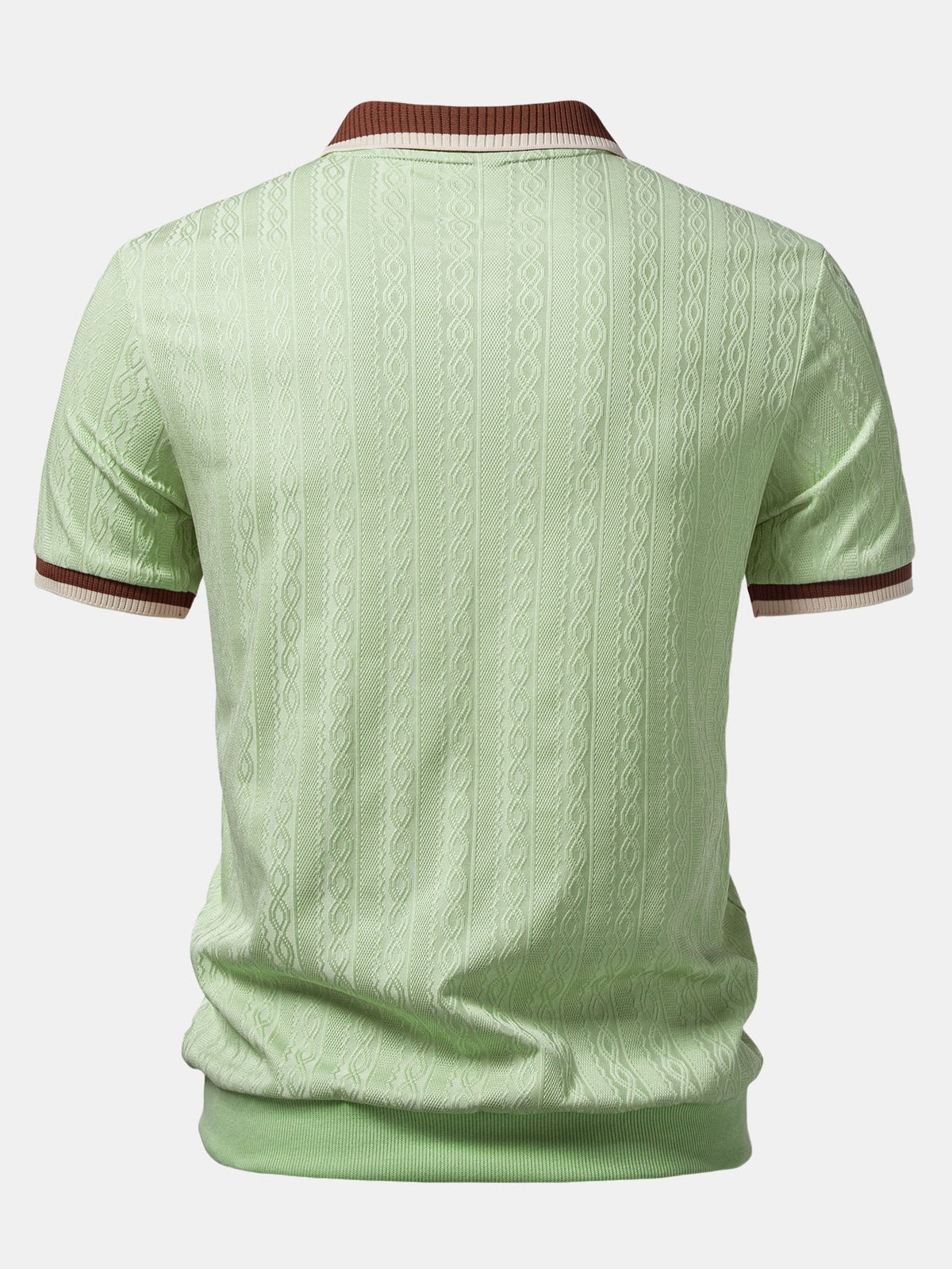Back view of the light green polo, showing the textured knit panels, ribbed hem and contrast collar. 8