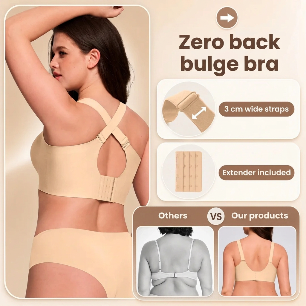 Back view of the beige bra with crossed straps and hook fastening, plus strap and extender details 3