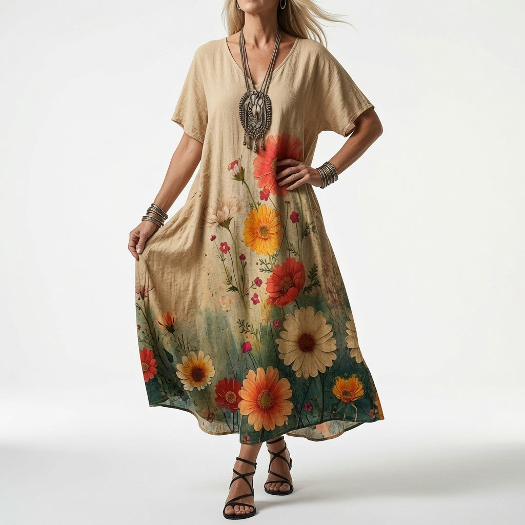 Model in a beige dress with large orange, red and cream daisies along a green hem, worn with a statement necklace and strappy sandals. 3