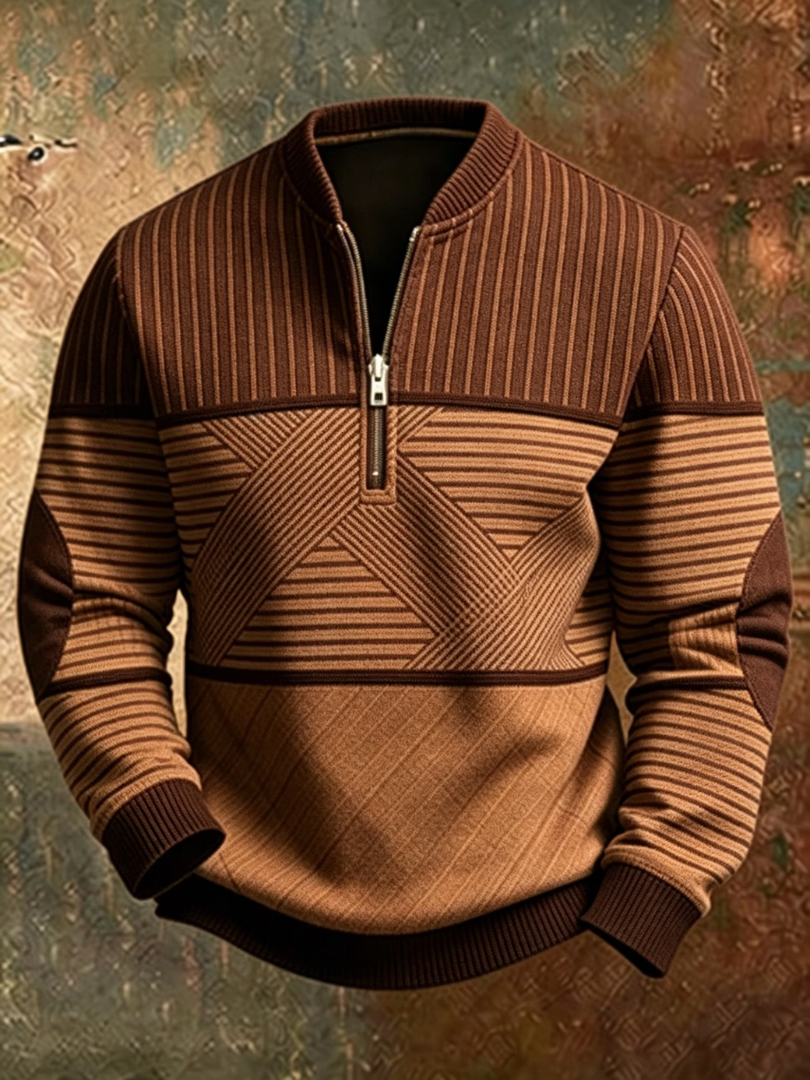 Front view of the jumper in tan and dark brown, showing the half zip, striped yoke, elbow patches and ribbed hem. 4