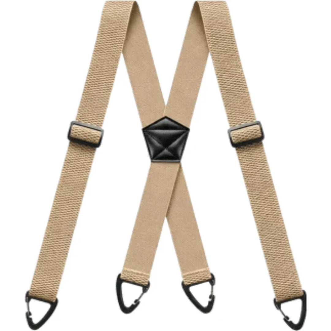 Beige X-back braces laid flat, with black adjusters, central patch and four black clips 9